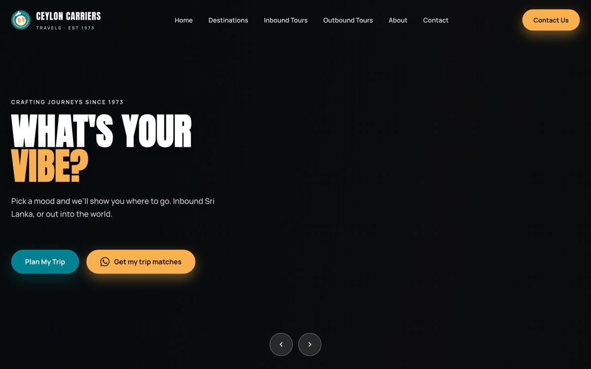 Ceylon Carriers travel website hero with bold typography