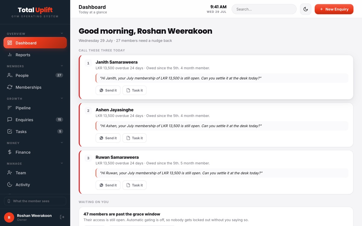 The gym demo dashboard: the three members to call today, each with a message ready to send