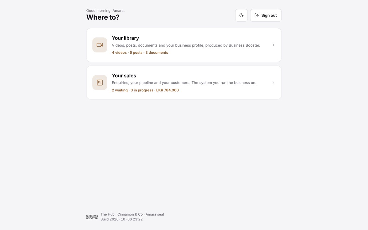 The Hub home screen with two doors: your library and your sales