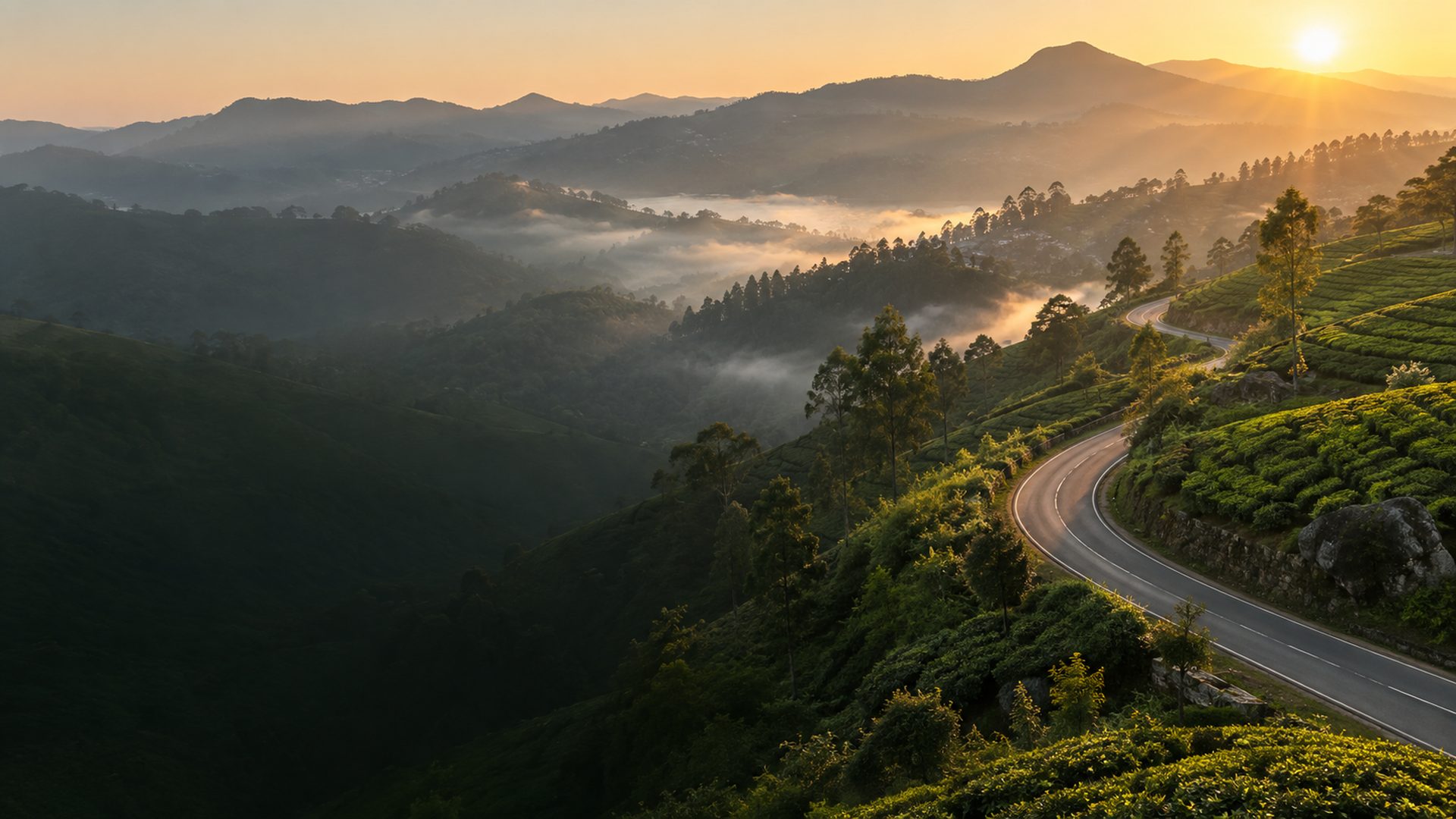 A mountain road winding through Sri Lanka's tea country at sunrise