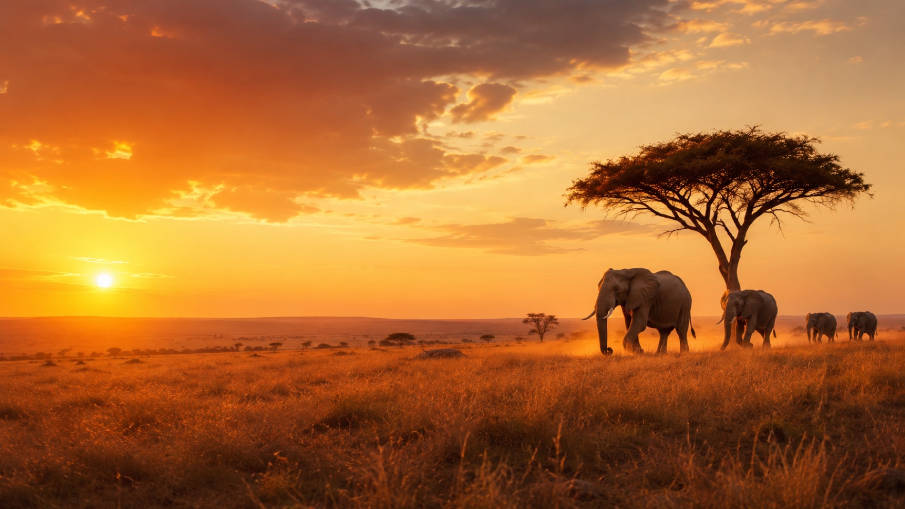 Elephants on the golden African savannah at sunset