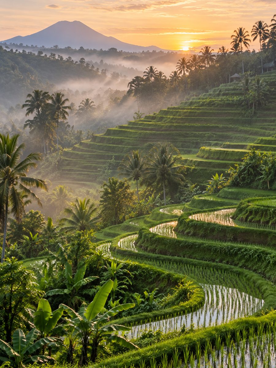 Emerald rice terraces below a volcano at sunrise in Bali