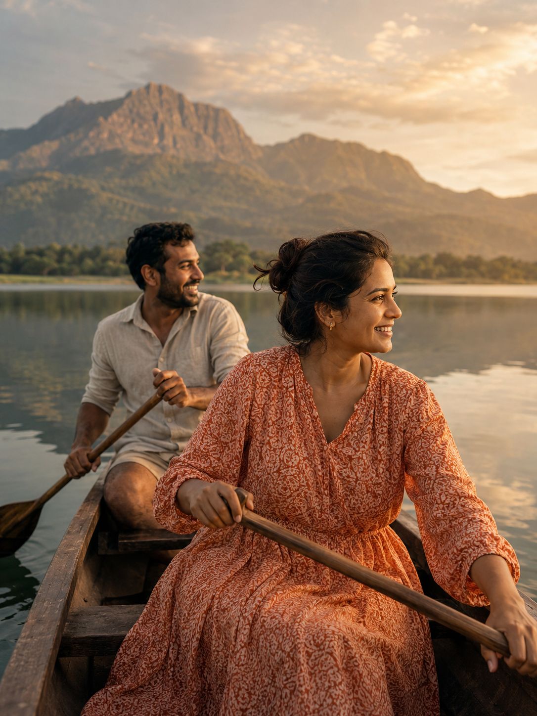 Couple paddling a wooden canoe across a mountain lake at golden hour