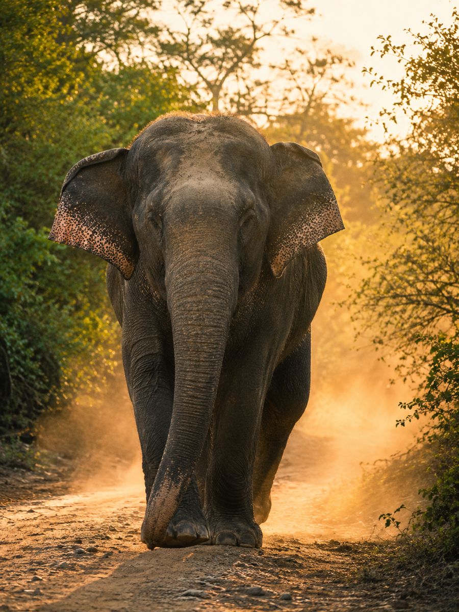 Wild elephant on a dusty track in Yala National Park at golden hour