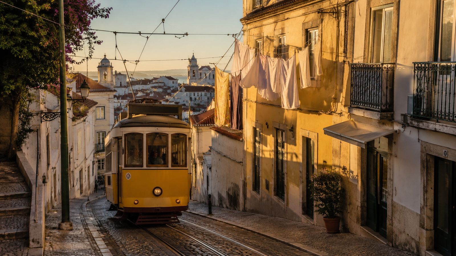 Classic yellow tram climbing a hillside street in Lisbon, Portugal