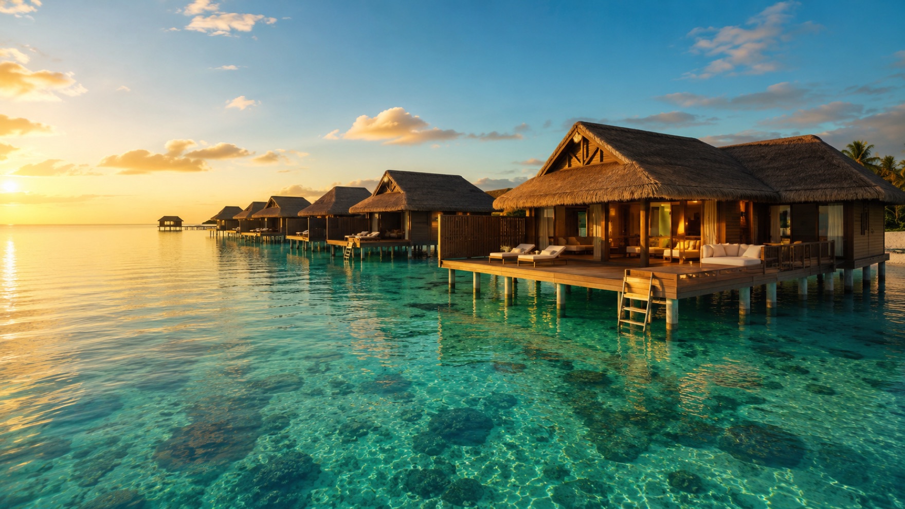 Overwater villas on a turquoise Maldives lagoon