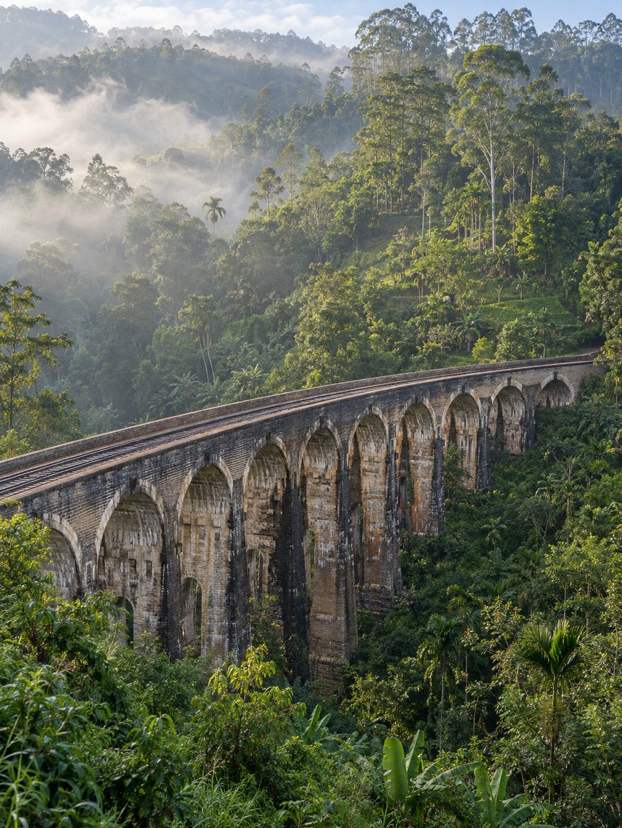 Nine Arch Bridge curving through jungle in Ella, Sri Lanka