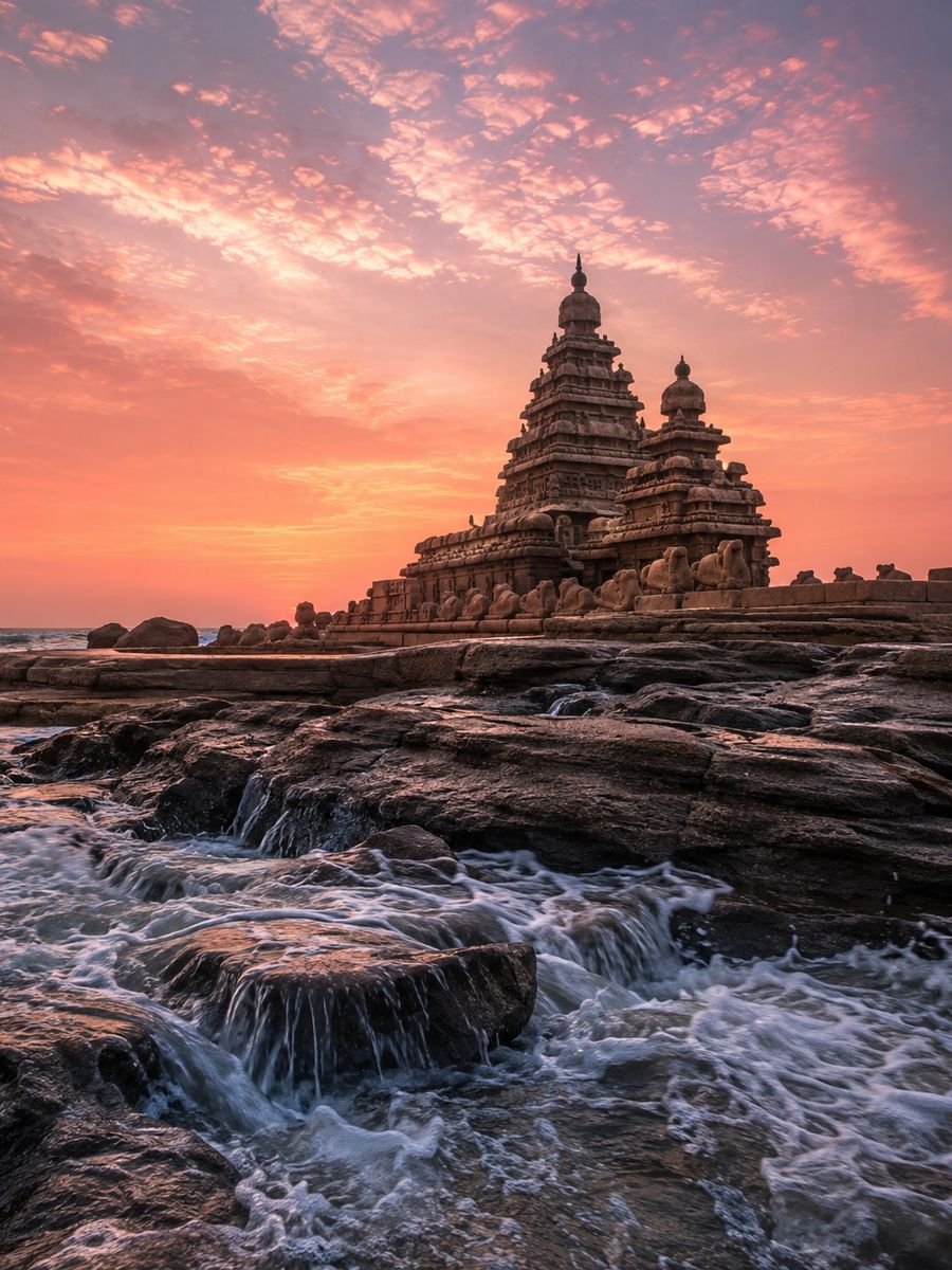 Shore Temple of Mahabalipuram at sunrise near Chennai