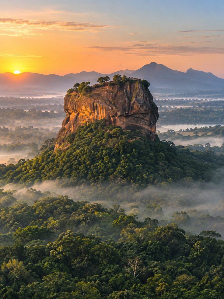 Sigiriya rock fortress rising from the jungle at sunrise