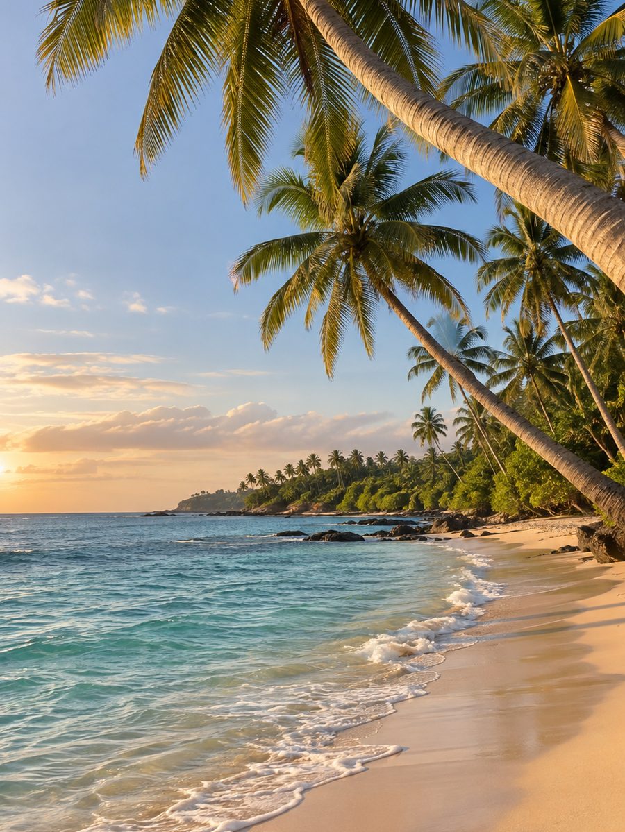 A palm-fringed beach on Sri Lanka's southern coast in late afternoon light