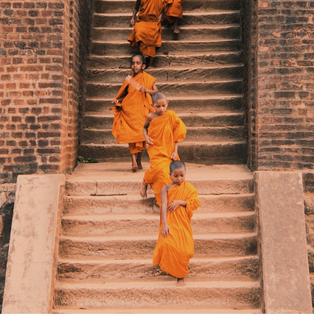 Novice monks in orange robes walking down ancient stone steps
