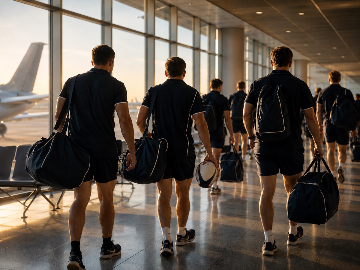 A touring rugby squad walking through an airport with kit bags