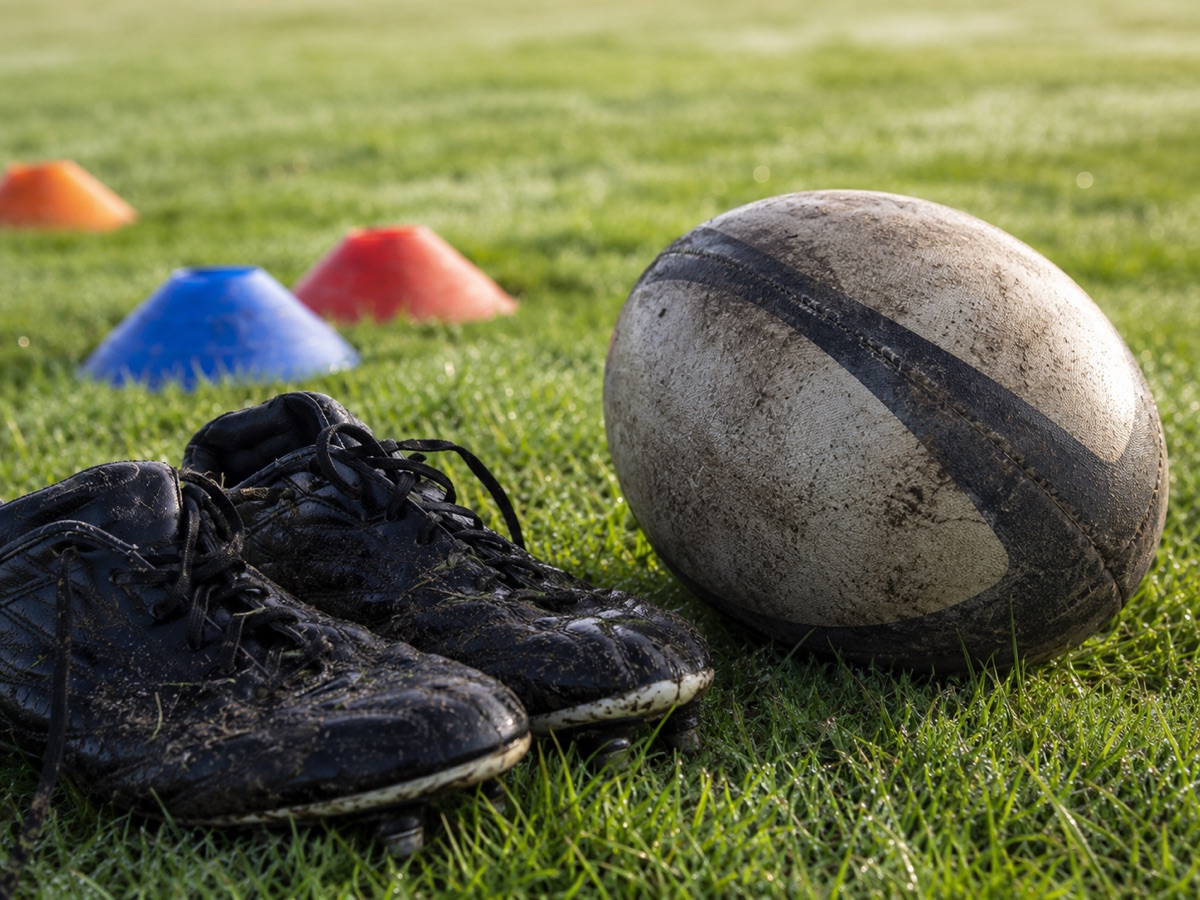 Rugby ball, boots and training cones on the grass