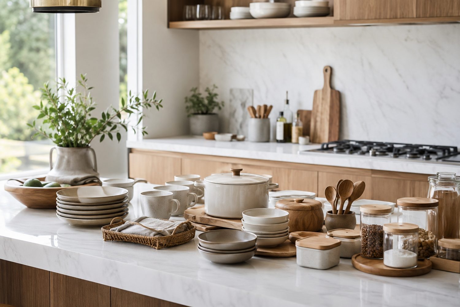 Ceramic tableware and storage jars on a marble counter