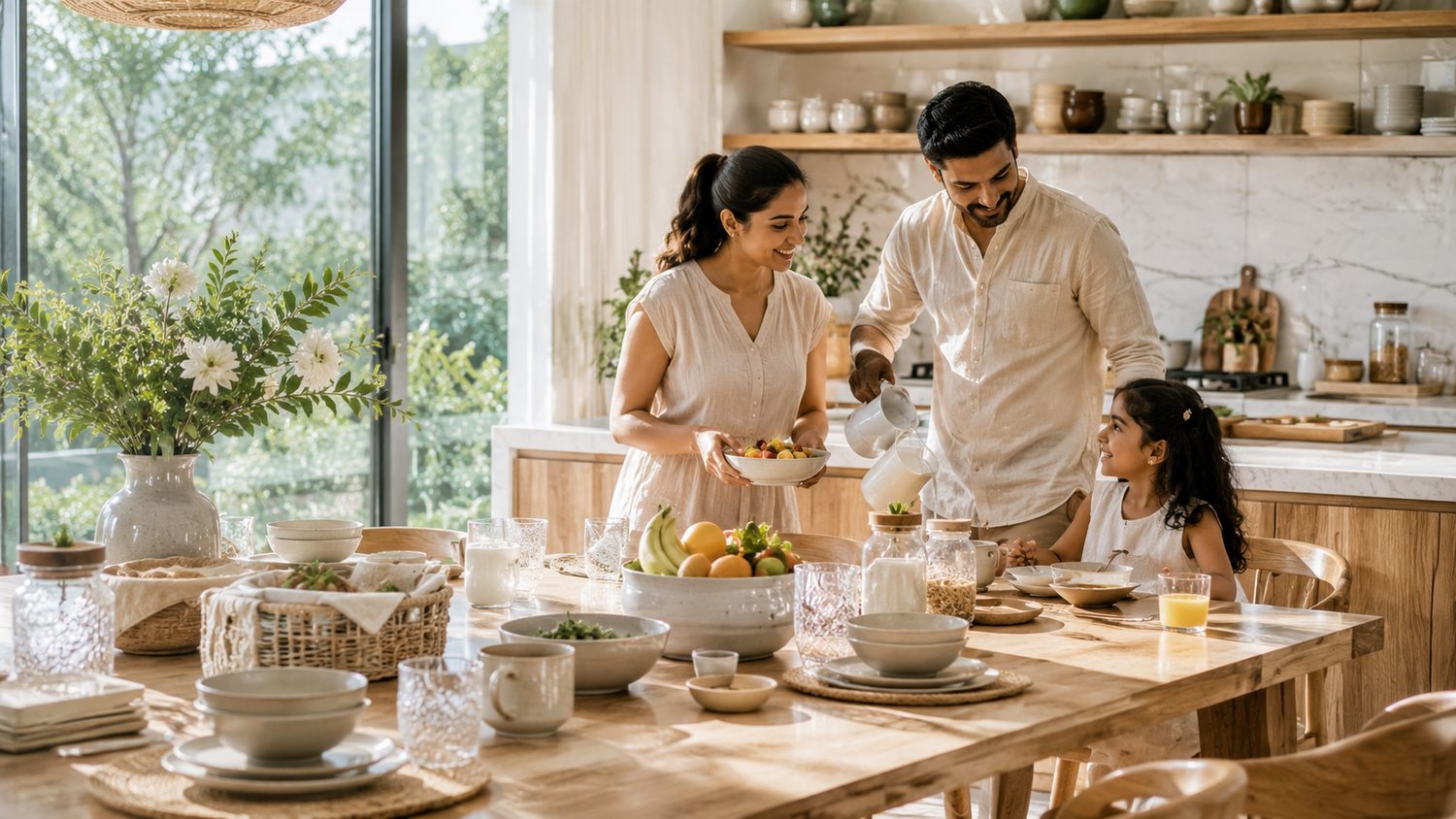 Storage jars and ceramics on open kitchen shelves