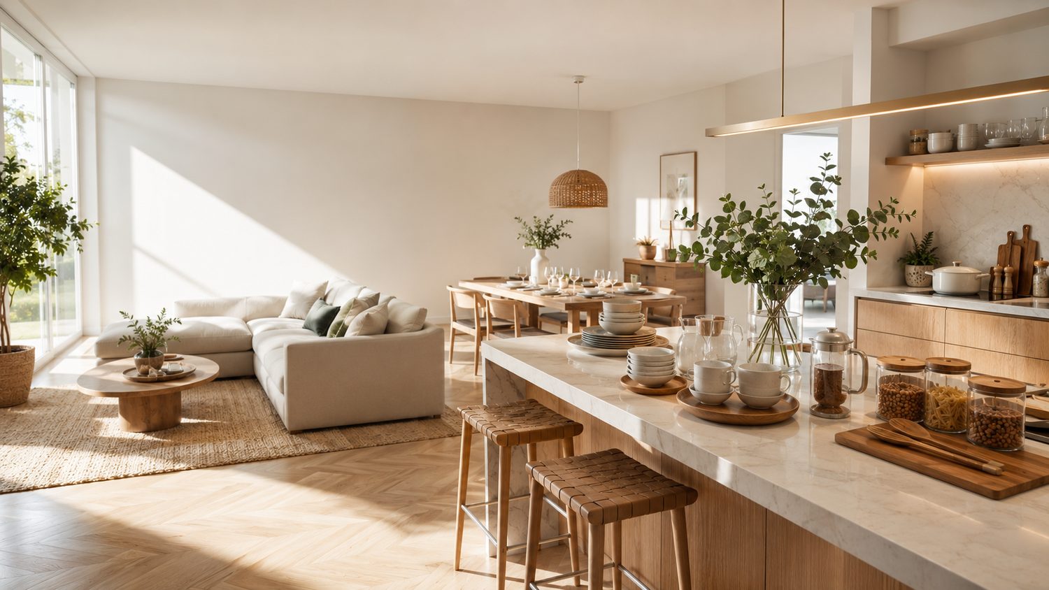 A bright kitchen and living space