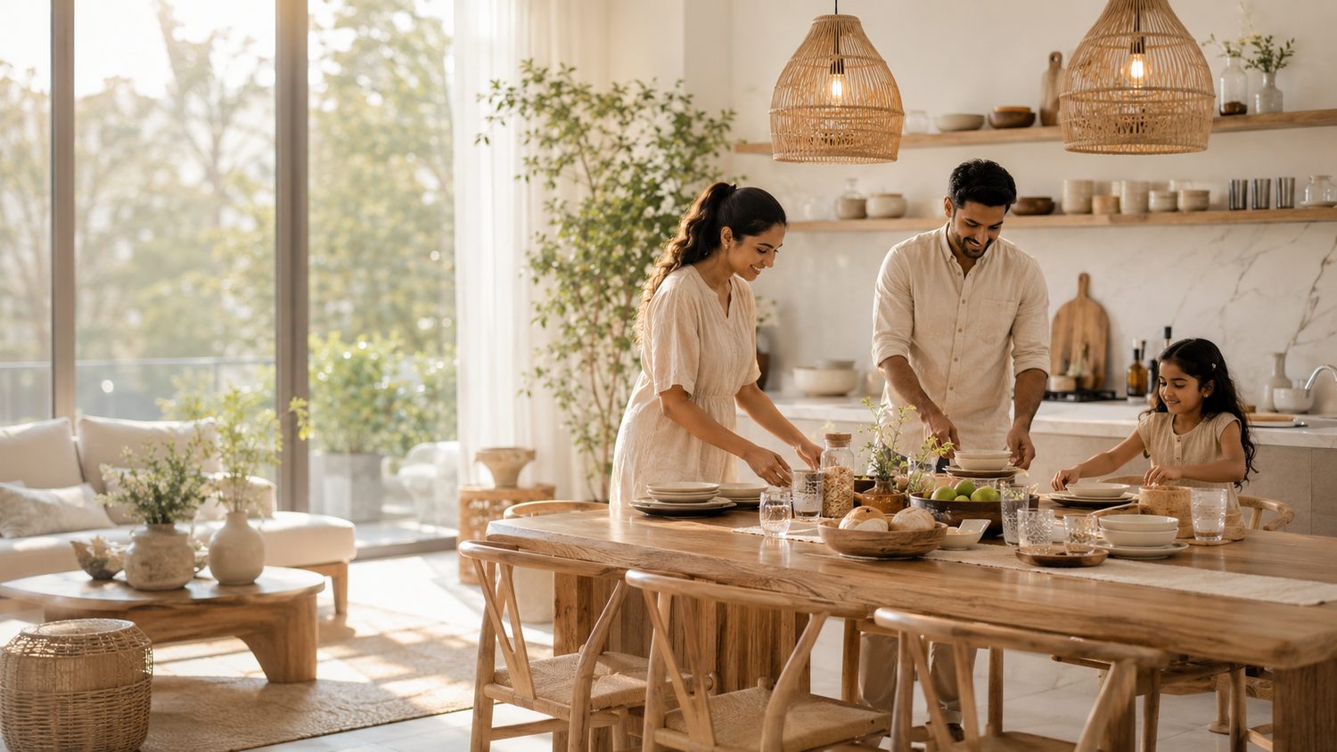 A dinner table laid for a family meal
