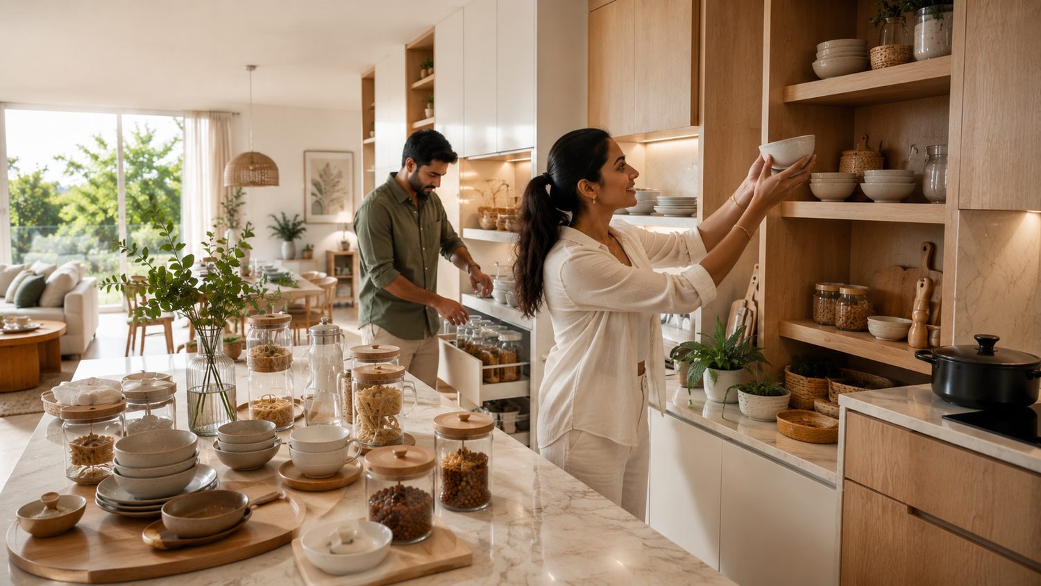 A couple arranging ceramics and storage jars on kitchen shelves