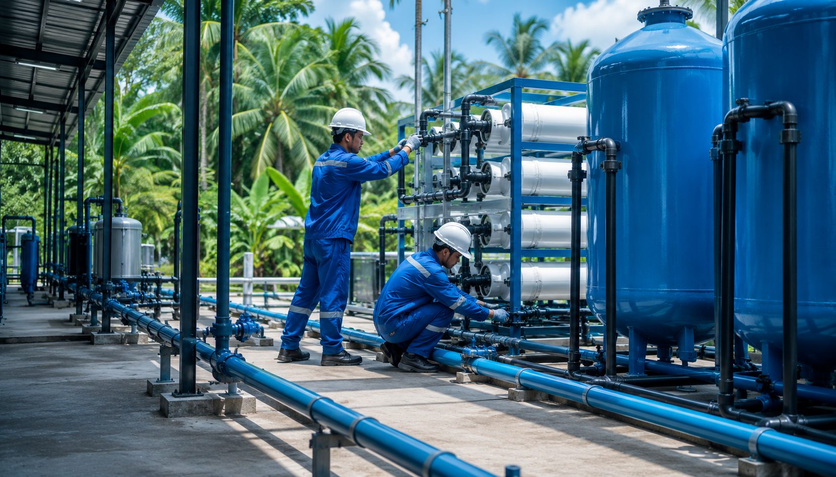 Waterman engineers installing a water treatment system